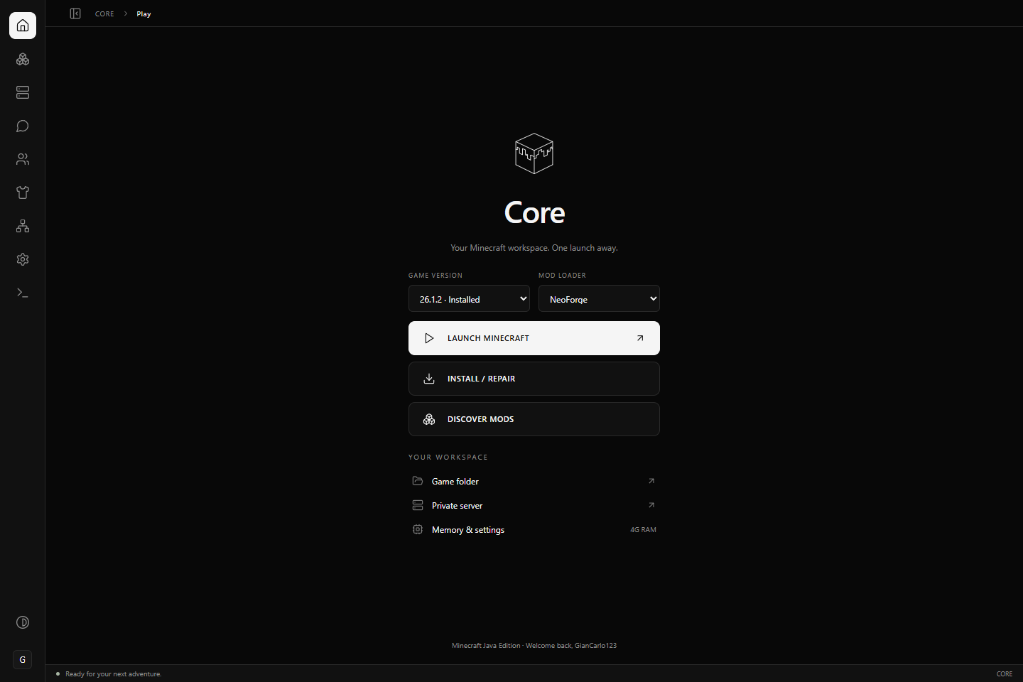 Core launcher with Minecraft version and mod loader controls