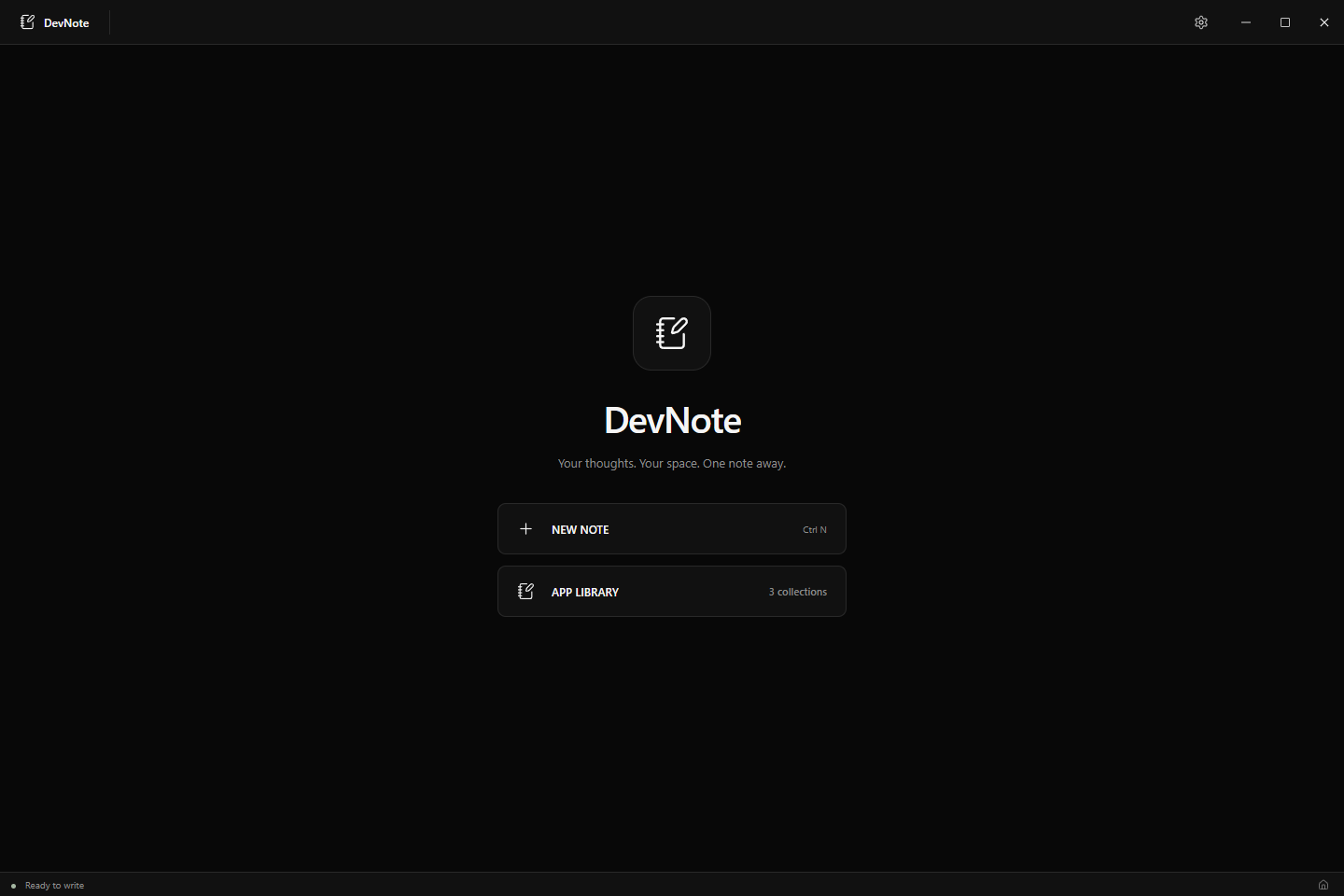 DevNote welcome screen with New Note and App Library